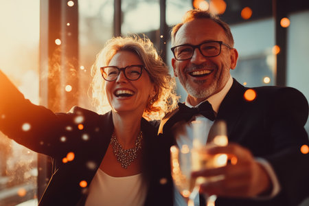 A couple enjoys a joyful moment together, celebrating with drinks in hand amid warm lights and smiles.の素材
