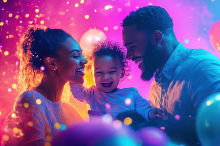 Parents celebrate with their cheerful child amid vibrant lights and balloons, creating lasting memories.の素材