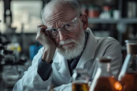 A thoughtful scientist contemplates his research while surrounded by various laboratory equipment and glassware.の素材