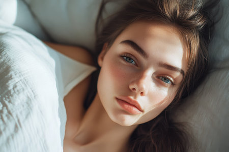 A young woman lays in bed, her calm expression highlighted by soft morning light creating an inviting atmosphere.の素材