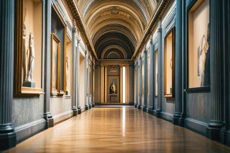 Visitors admire exquisite sculptures while enjoying the elegant architecture of a historic gallery.の素材