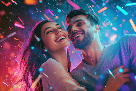 A couple shares a joyful moment at a lively celebration with colorful lights and confetti in a festive atmosphere.の素材