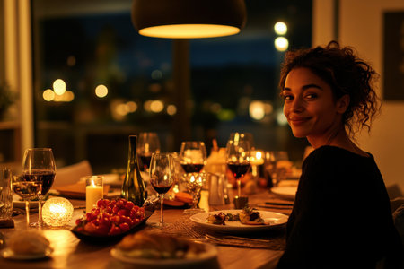 A warm dinner gathering takes place at night with delicious food, wine, and cheerful company.の素材