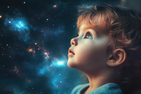 A young child admires the beauty of the universe, captivated by shining stars and vibrant galaxies.の素材