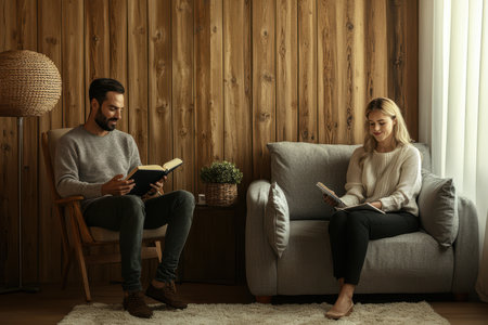 A man and woman read books in a warmly decorated room with wooden walls and soft furnishings.の素材
