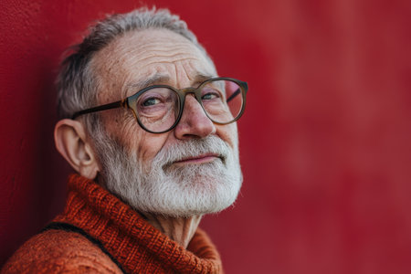 A senior man wearing glasses and an orange sweater smiles warmly while leaning against a vibrant red wall.の素材