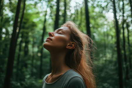 A woman stands with her eyes closed, embracing peace in a lush green forest, feeling the gentle breeze.の素材