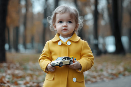 A toddler stands in a park wearing a bright yellow coat, holding a toy car in the midst of fallen leaves.の素材