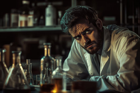 A chemist works intently among glass beakers and flasks in a dimly lit laboratory at night, examining reactions.の素材