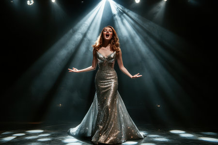 A performer captivates the audience with a powerful vocal performance in a sparkling gown surrounded by lights.の素材