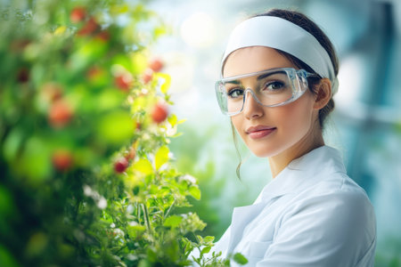 A scientist with safety goggles studies plants in a vibrant greenhouse filled with fresh greenery.の素材