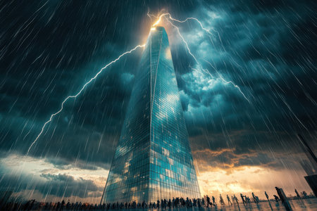 A tall tower stands against a stormy sky as lightning strikes, while people gather below, observing the weather.の素材