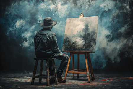An artist sits on a stool, focused on crafting a landscape painting, surrounded by rich blue textures.の素材