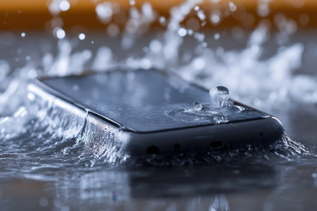 A smartphone lies underwater as water droplets splash around, showing its exposure to moisture.の素材