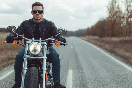 A confident rider sits on a motorcycle on a deserted highway with trees in the backdrop during fall.の素材