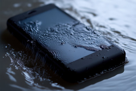 A smartphone lies on the water's surface, partially submerged and surrounded by gentle ripples reflecting light.の素材