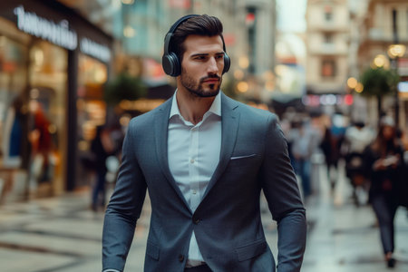 A well-dressed man confidently strolls through a busy urban area while listening to music.の素材