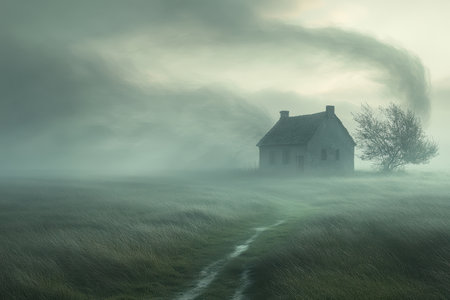 An old house stands isolated in thick fog, surrounded by tall grass and a swirling cloud overhead at dawn.の素材