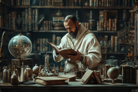 A man in a robe examines a book surrounded by shelves filled with ancient texts and scientific instruments.の素材