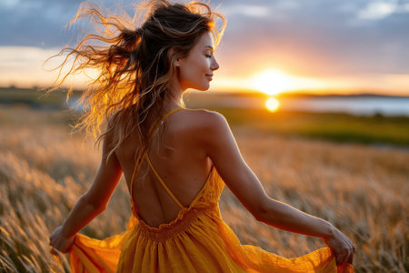 A woman stands in a golden field, revealing in the beauty of the sunset while wearing a yellow dress.の素材