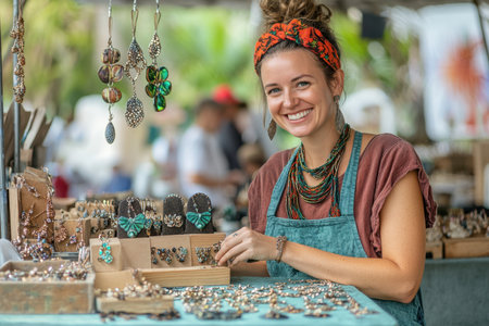 A cheerful vendor showcases her unique handmade jewelry at a bustling outdoor market filled with shoppers.の素材