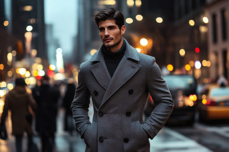A fashionable man in a gray coat poses on a busy city street adorned with glowing lights at dusk.の素材