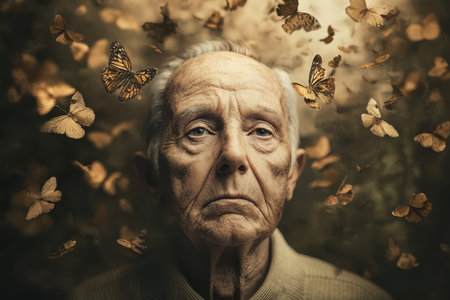 An elderly man gazes thoughtfully as golden butterflies flutter around him in a surreal environment.の素材