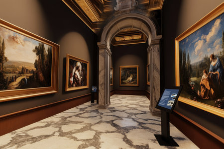 Visitors admire exquisite classical paintings along an ornate museum corridor with elegant architecture.の素材
