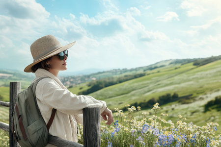 A woman wearing a straw hat and sunglasses relaxes by a wooden fence, taking in the beautiful landscape.の素材