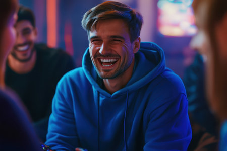 Friends share laughter and good times in a lively environment filled with colorful lights and joy.の素材