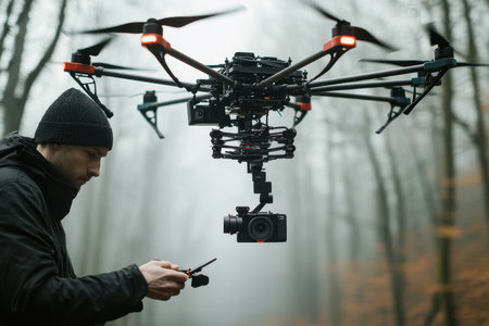 A person prepares a drone with a camera in a misty forest, showing advanced filming technology.の素材