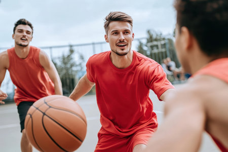 Group of friends enjoying a competitive basketball game on an outdoor court in a city park.の素材