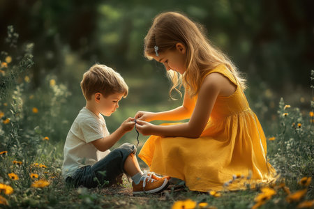 Two children sit together in a flower-filled field, with one focusing on an activity involving string or grass.の素材