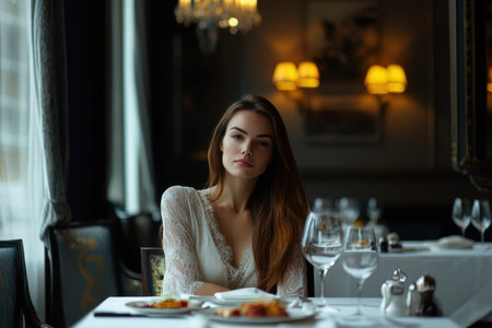 A woman with long hair is seated at a beautifully set dining table, enjoying a meal in an upscale restaurant.の素材