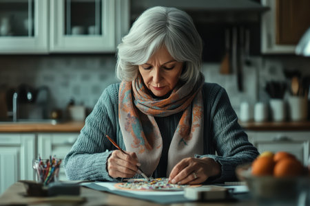 A senior woman concentrates on her intricate art project at her kitchen table surrounded by home comforts.の素材