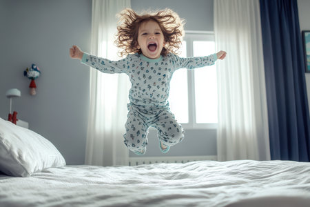 Lively child with curly hair enjoys jumping joyfully on a soft bed in a light-filled room.の素材