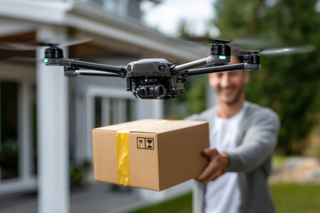 A man receives a package delivered by a drone at his residence, enjoying the convenience of modern technology.の素材