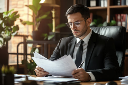 A man with glasses is focused on reading papers at a desk in a well-decorated office.の素材