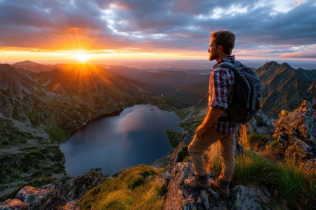 A hiker stands on rocky terrain, admiring a stunning sunset reflection on a serene lake.の素材