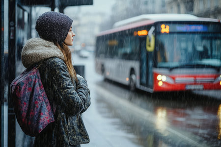 A girl in winter attire stands at a bus stop, waiting for the bus during a snowy day in the city.の素材