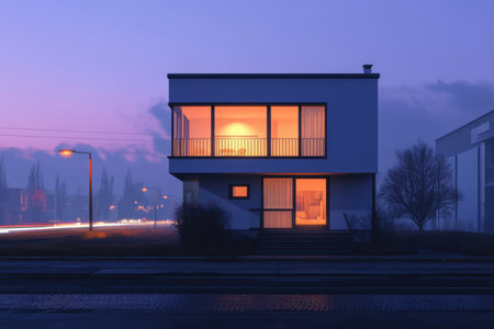 A sleek, modern house stands out with warm light glowing from its windows as dusk falls in the neighborhood.の素材