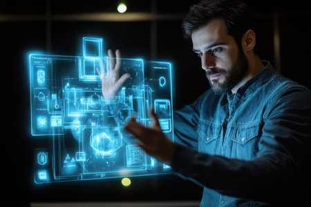 A man is using hand gestures to manipulate holographic graphics in a sleek, dark office environment.の素材