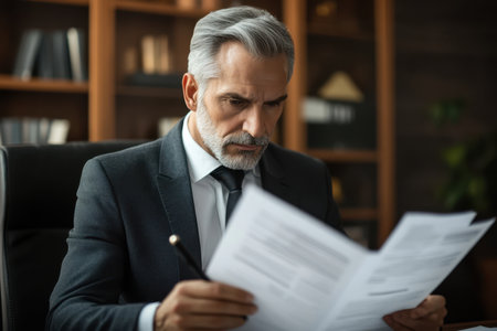 A man in a suit is focused on reviewing paperwork while seated in an office with wooden shelves.の素材