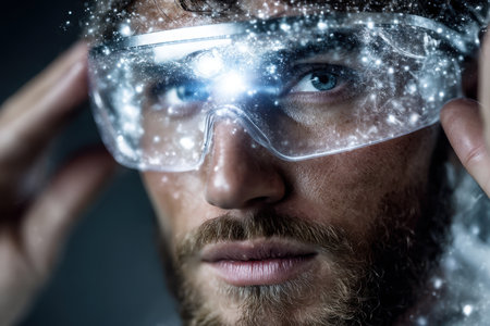 A young man adjusts innovative glasses that emit sparkling lights while concentrating in a dark environment.の素材