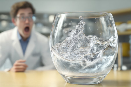 Water splashes in a glass as a surprised scientist observes from behind the table in a lab.の素材