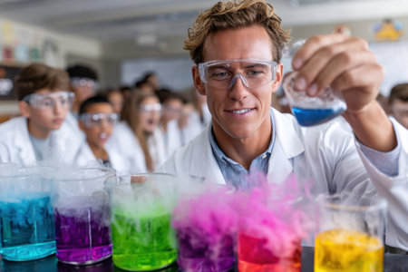 A male teacher demonstrates chemical reactions with colorful liquids to engaged students in a classroom.の素材