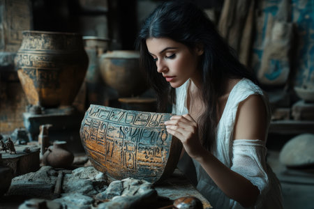 A woman studies a beautifully inscribed pottery piece surrounded by various historical objects in a workshop.の素材