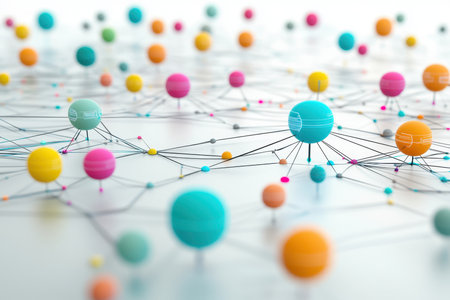 This vibrant composition illustrates an abstract network of colorful spheres and connections in a digital space.の素材
