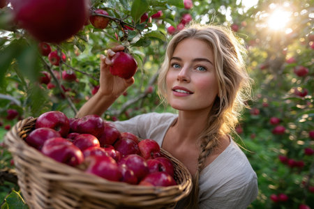 A woman enjoys harvesting ripe apples in a sunlit orchard, showing the beauty of nature and freshness.の素材