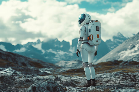 An astronaut stands on a rocky surface, gazing at majestic mountains and dynamic clouds during exploration.の素材